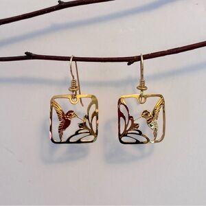 Wild Bryde Gold Plated Signed Square Hummingbird Pierced Earrings